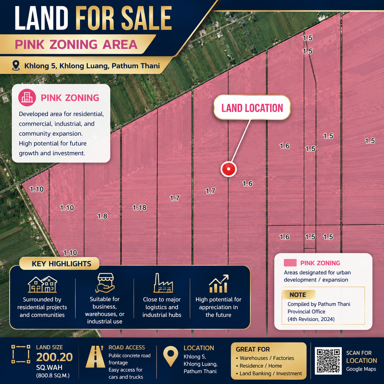 Pink zoning map showing the land location in Khlong 5, Khlong Luang, Pathum Thani
